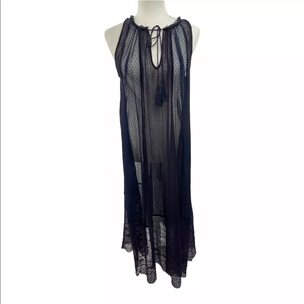 Free People Navy Blue Sheer Swiss Dot Gauze Maxi Dress Boho Oversized A-Line XS - Picture 2 of 12